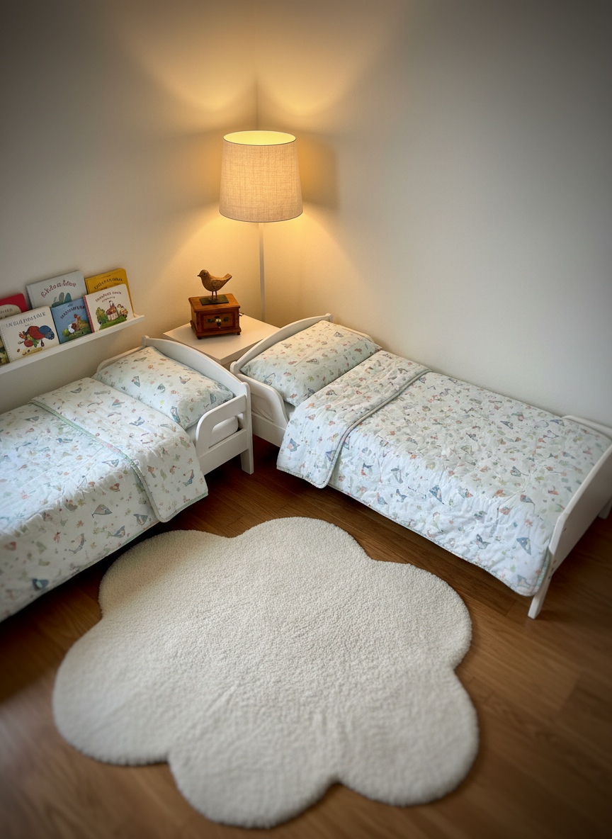 A snug resting corner for small children, with two low wooden toddler beds positioned side by side, each neatly made with soft, pastel bedding featuring tiny bird and star motifs. A plush, cloud-like rug spreads across the wooden floor, and a dimmable floor lamp with a fabric shade casts a soft, warm light. On a nearby shelf, a few carefully chosen board books and a small, child-safe music box with a bird design sit ready for quiet time. The scene is photographed from a slightly elevated angle, with gentle vignetting to draw focus toward the beds. The atmosphere is peaceful, secure, and lovingly arranged, captured in calm, photographic realism.
