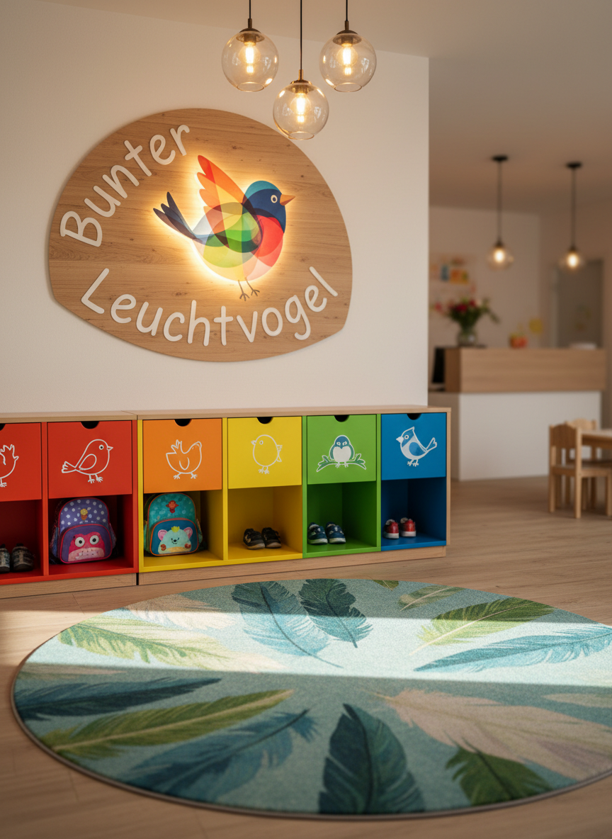 A welcoming entrance area for the childcare setting, featuring a low row of colorful cubbies with individual bird icons on each compartment, ready for small shoes and backpacks. Above the cubbies, a decorative sign with the name “Bunter Leuchtvogel” in friendly, handwritten-style lettering surrounds a stylized, multicolored glowing bird illustration. A soft, round rug with abstract feather patterns lies in front. Warm pendant lighting from above casts a gentle, golden glow, creating soft shadows along the floor and emphasizing the textures of wood and fabric. Captured from an eye-level perspective with moderate depth of field, the sign and cubbies are in crisp focus while the background subtly softens. The mood is warmly professional, playful, and inviting, in clean photographic realism.
