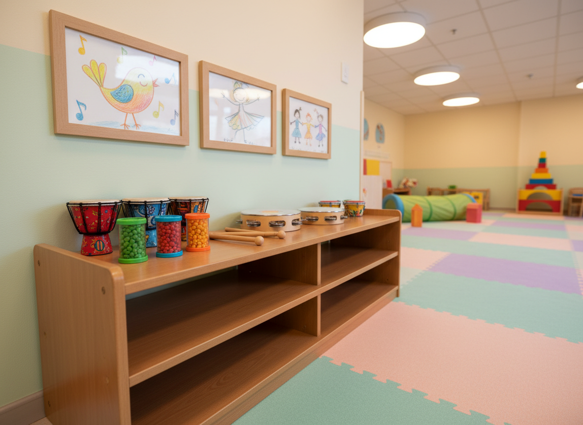 A dedicated music and movement corner in a childcare space, with a low wooden shelf displaying colorful percussion instruments: small drums with textured skins, bright shakers, wooden claves, and a child-sized tambourine. On the wall above, framed, hand-drawn illustrations of singing birds and dancing figures add playful charm. The floor is covered by a thick, soft mat in pastel tones, ready for safe movement. Warm, diffused light from overhead fixtures gently washes the scene, creating subtle reflections on metallic instrument parts. Captured at a slightly low angle, the instruments appear inviting and central, while the room extends softly behind them. The mood is energetic yet safe and structured, rendered in vibrant, photographic realism.