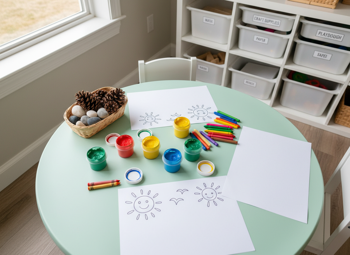 A creative arts table in a home-based daycare, covered with a smooth, easy-to-clean surface in soft mint green. On it lie open jars of non-toxic finger paints in bright primary colors, chunky crayons, large sheets of drawing paper with simple bird and sun outlines, and a small basket of natural materials like pinecones and smooth pebbles. In the background, organized wall storage holds labeled boxes for crafts. Gentle overcast daylight filters through a nearby window, creating even, shadow-free illumination that highlights the textures of paint and paper. Photographed from an overhead, bird’s-eye view, the composition feels structured yet playful. The atmosphere is creative, exploratory, and reassuringly tidy, with true-to-life photographic realism.