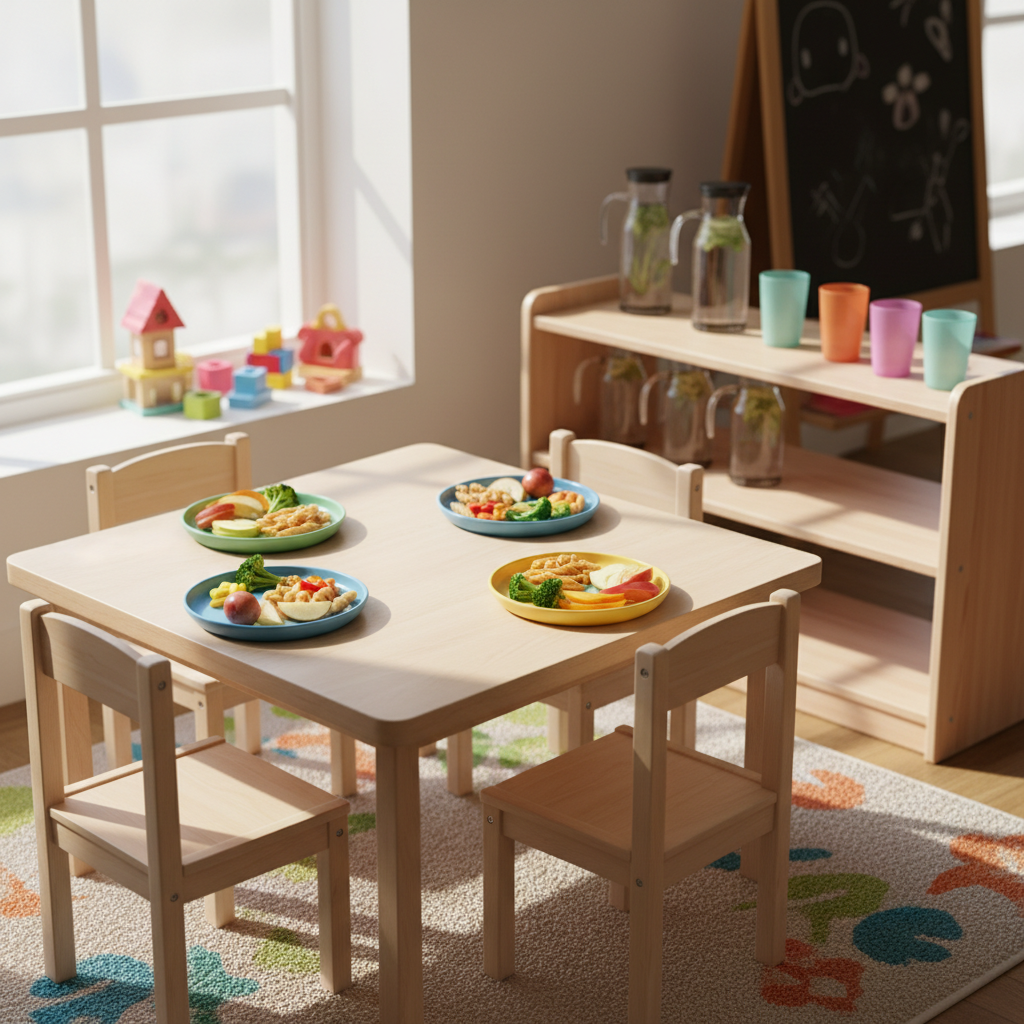 A sunny dining corner in a daycare setting, featuring a low, light-wood table set with tiny, colorful plates of healthy meals: steamed vegetables, wholegrain pasta, and sliced fruit. Small matching chairs are neatly pushed in, and a soft, washable rug lies underneath. On a nearby shelf, child-friendly cups and water carafes wait in orderly rows. Soft morning sunlight streams in from a side window, illuminating the fresh food and creating delicate highlights on the smooth table surface. Photographed from a slightly elevated angle with a shallow depth of field, the focus rests on the wholesome meal, while the background softly blurs. The atmosphere feels nurturing, clean, and joyful, emphasizing high-quality nutrition in photographic realism.