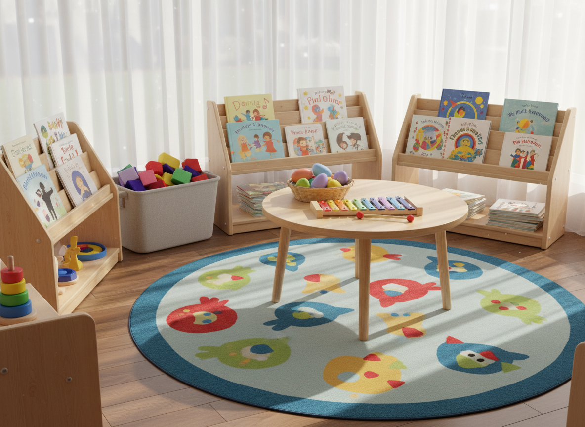 A bright, cozy playroom designed for early childhood care, filled with colorful wooden toys, soft building blocks, and neatly arranged picture books about music and movement. A small round child-sized table stands in the center, topped with a rainbow xylophone and rhythm eggs. The room has warm wooden flooring with a cheerful, patterned rug depicting abstract birds. Natural afternoon light pours through large windows with sheer white curtains, casting gentle shadows and a welcoming glow. The composition is photographed at eye level with sharp focus throughout, creating a realistic, inviting atmosphere. The mood is playful yet calm, reflecting a professional, nurturing childcare environment in vibrant, photographic realism.