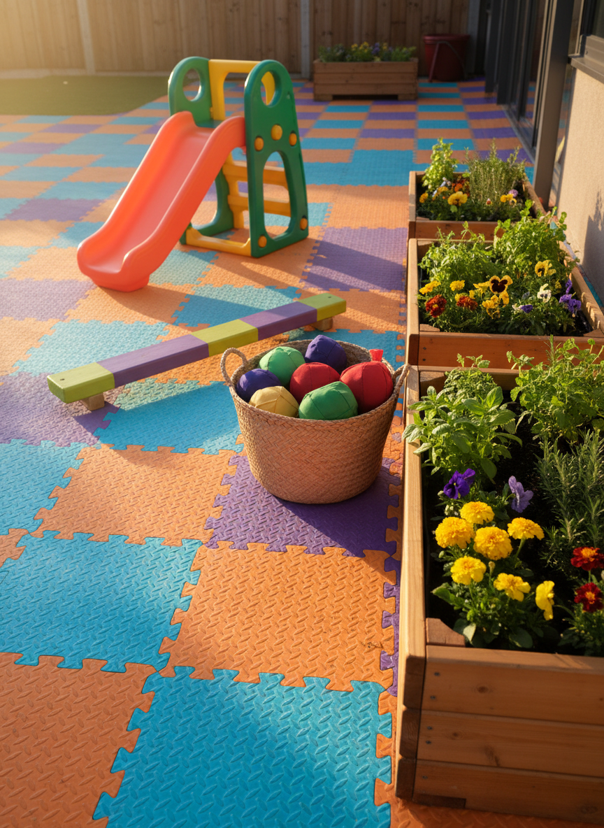An organized outdoor play area for a childcare setting, featuring a small, colorful climbing structure with a gentle slide, a low balance beam, and soft safety flooring in bright, playful patterns. Nearby, a row of plant boxes with herbs and flowers adds natural greenery, and a basket of soft balls and beanbags sits ready for movement games. Late afternoon sunlight bathes the scene in a warm glow, casting long, soft shadows that emphasize the textures of the surfaces. Photographed from a child-height perspective, the play structures feel approachable and safe. The mood is energetic, fresh, and encouraging of movement, rendered in vibrant, photographic realism.